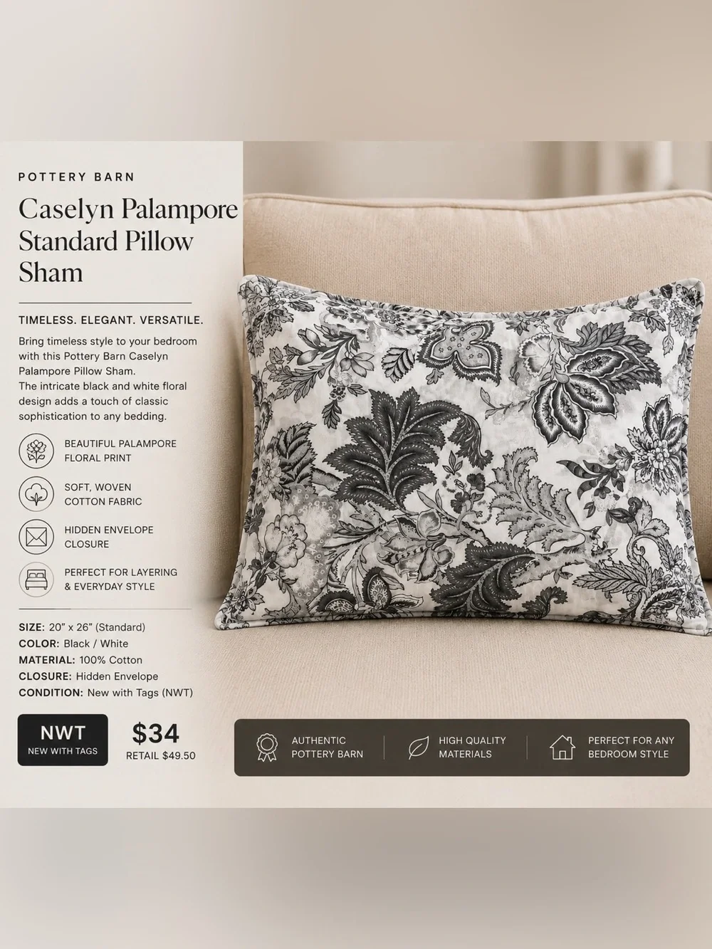 NWT Pottery Barn Caselyn Palampore Standard Pillow Sham Black White 26x20